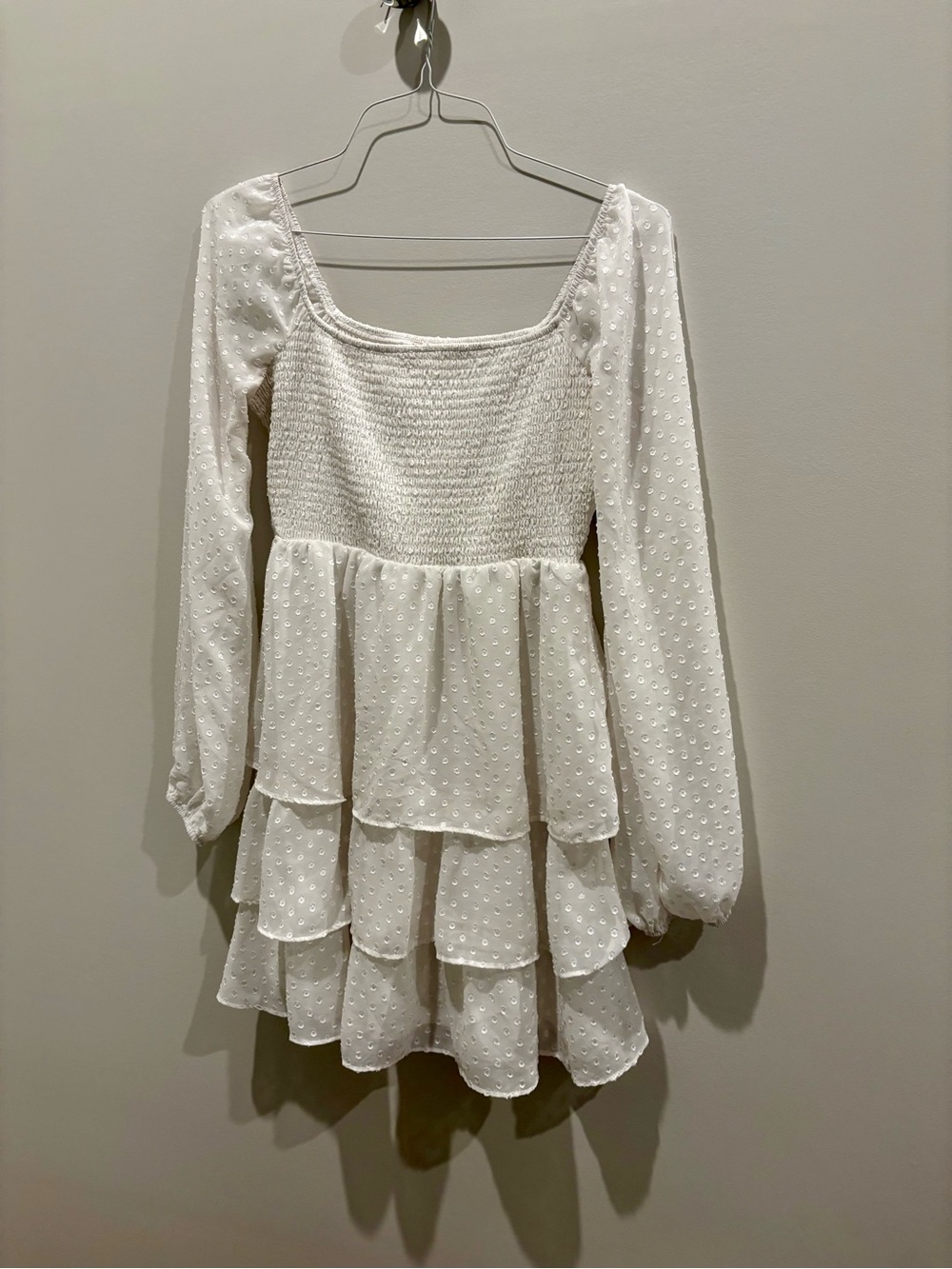 Altar'd State White Swiss-Dot Tiered Long-Sleeve Dress